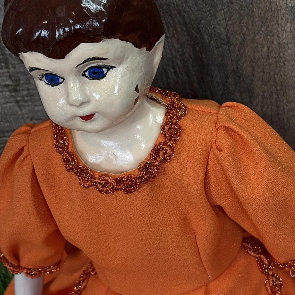 Vintage German Porcelain Doll‎ Orange Dress Hand Painted Face AS IS